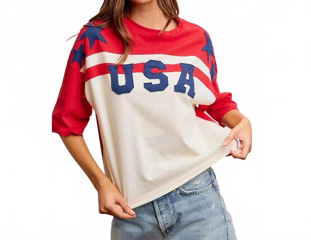 NEW BIBI usa patchwork top in ivory/red